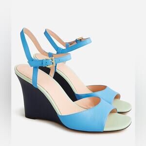 J. Crew Bianca Colorblock Leather Wedge Sandals Blue Mint Modern Classic Sz 10.5